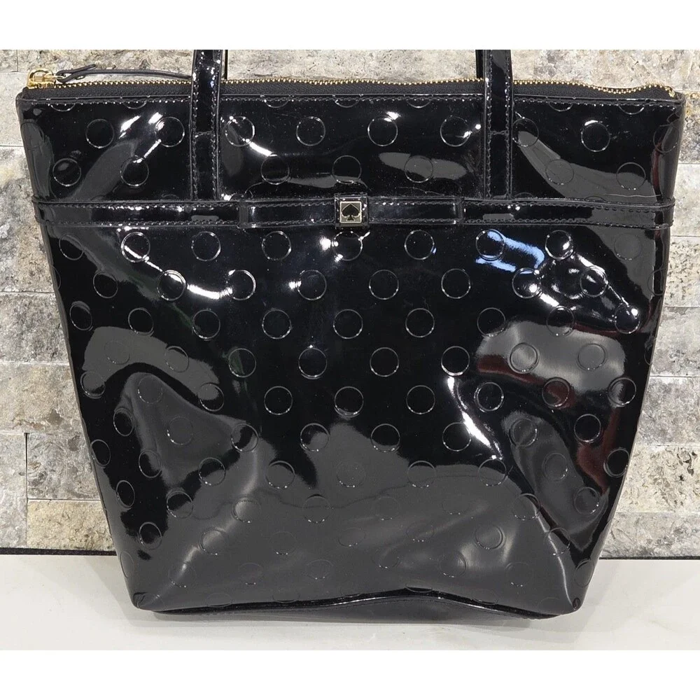 Kate Spade New York Tote Bag Black Patent Leather Bow Polka Dot Embossed Zip Top